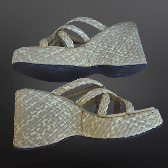 Vintage 90s Y2K Beige Chunky Platform Wedge Sandals Heels Size 10 Raffia Woven - Picture 7 of 9